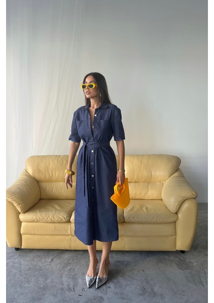 Mottisfashion Tencel Önden Düğmeli Kısa Kol Elbise - Mavi