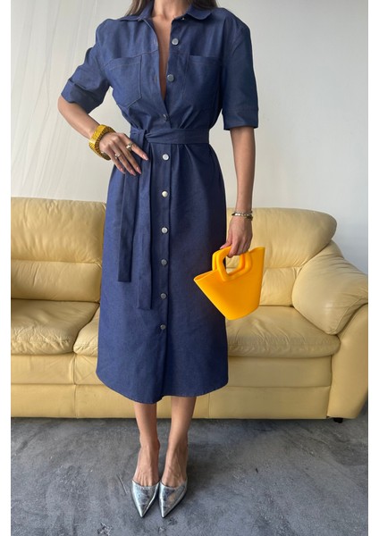 Mottisfashion Tencel Önden Düğmeli Kısa Kol Elbise - Mavi modelleri