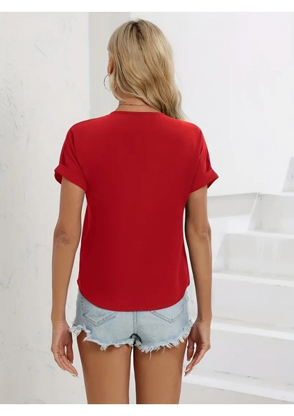 Mottisfashion Kadın Kısa Kollu V Yaka Fermuarlı Salaş Sandy Bluz fiyatları