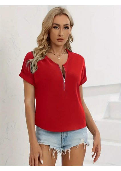 Mottisfashion Kadın Kısa Kollu V Yaka Fermuarlı Salaş Sandy Bluz modelleri