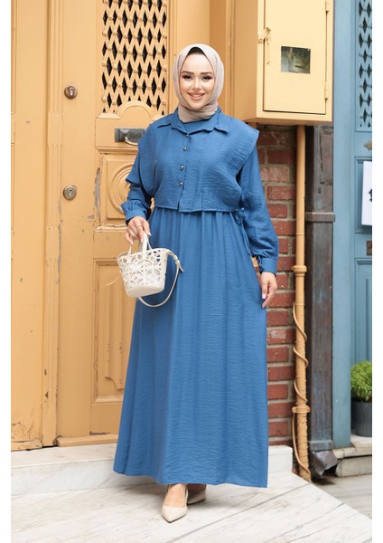 Süveter Detaylı Indigo Mavisi Tesettür Elbise 7253IM