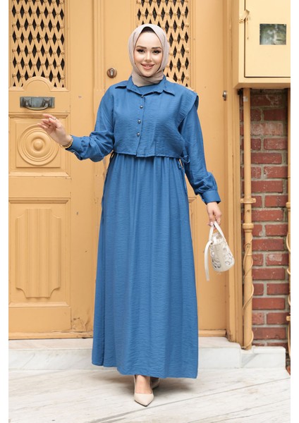 Süveter Detaylı Indigo Mavisi Tesettür Elbise 7253IM fiyatları