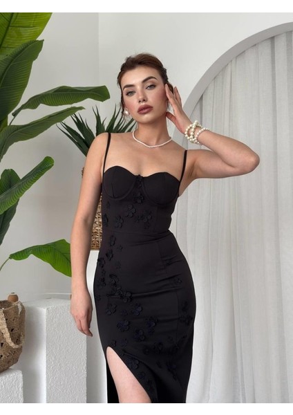 Mottisfashion Stor Gül Detaylı Elbise