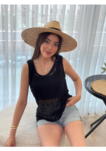 Mottisfashion Kadın Askılı Yuvarlak Yaka Geometrik Desenli Triko Bluz