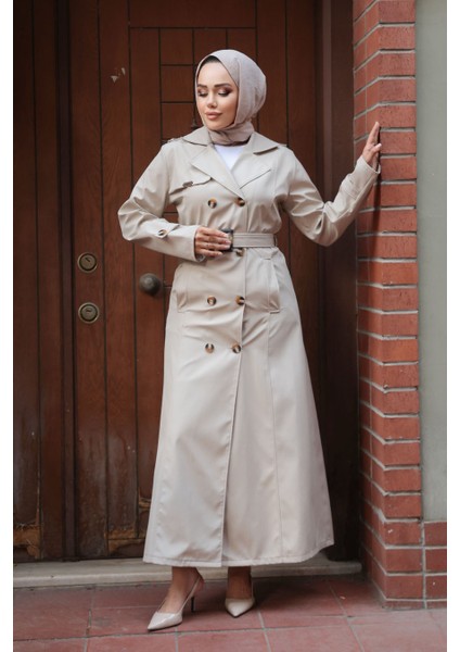 Düğmeli Bej Tesettür Trençkot 7261BEJ fiyatları