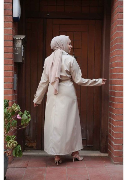 Düğmeli Bej Tesettür Trençkot 7261BEJ fırsatları