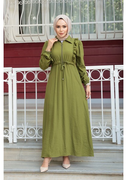 Fermuarlı Yağ Yeşili Tesettür Elbise 17021YY fiyatları