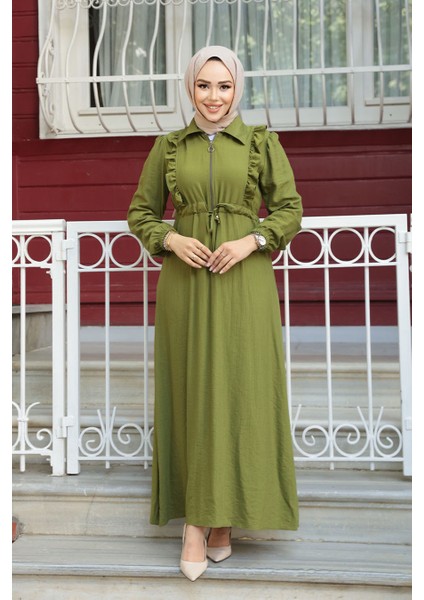 Fermuarlı Yağ Yeşili Tesettür Elbise 17021YY