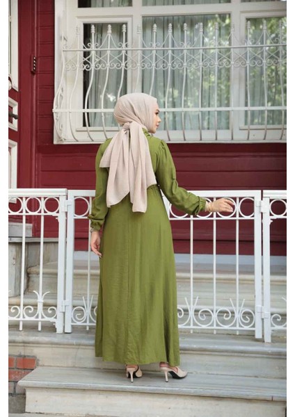 Fermuarlı Yağ Yeşili Tesettür Elbise 17021YY modelleri