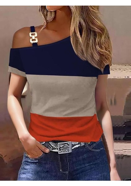 Mottisfashion Kadın Kısa Kollu Tek Omuzu Açık Toka Detaylı Çok Renkli Viskon Bluz modelleri