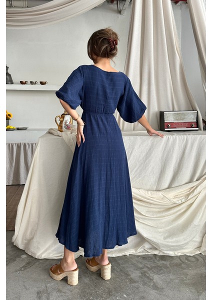 Mottisfashion V Yaka Bel Boncuk Bağlamalı Müslin Elbise Yırtmaç Detaylı - Lacivert fırsatları