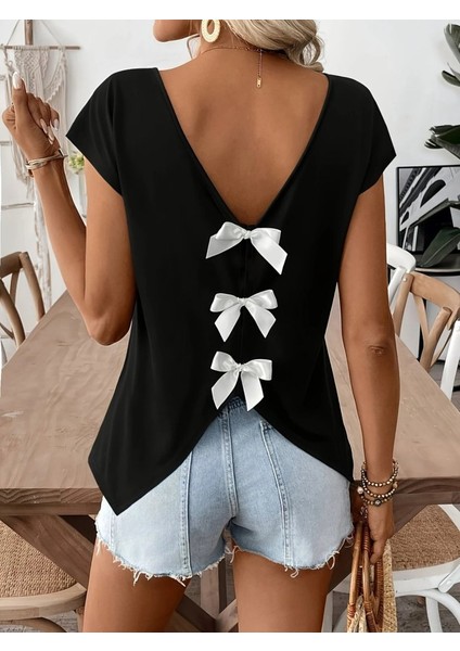 Mottisfashion Kadın Kısa Kollu V Yakalı Arkadan Kurdele Detaylı Viskon Bluz modelleri