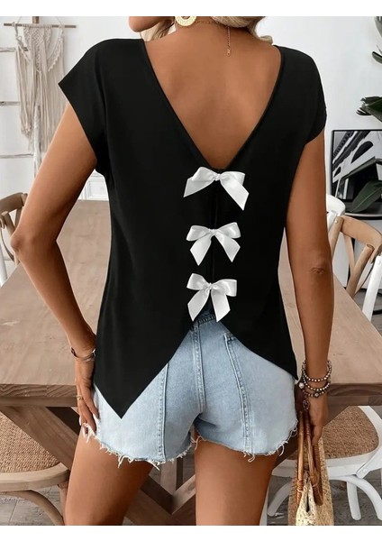 Mottisfashion Kadın Kısa Kollu V Yakalı Arkadan Kurdele Detaylı Viskon Bluz indirimleri