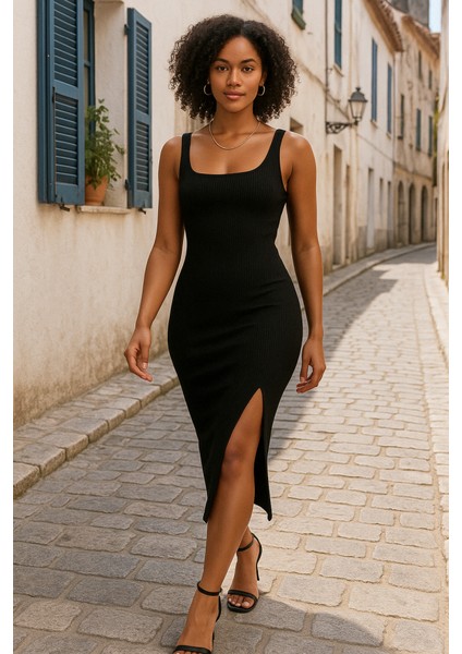Mottisfashion Kadın Askılı Kare Yaka Yandan Yırtmaçlı Midi Kaşkorse Elbise