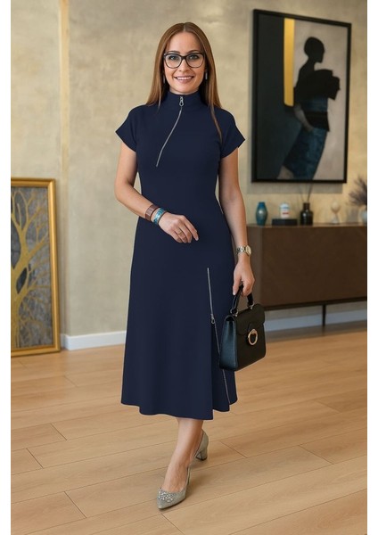 Mottisfashion Kadın Kısa Kollu Yakadan ve Etekten Fermuarlı Midi Viskon Iki Iplik Elbise