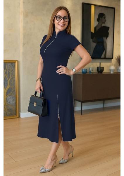 Mottisfashion Kadın Kısa Kollu Yakadan ve Etekten Fermuarlı Midi Viskon Iki Iplik Elbise fiyatları