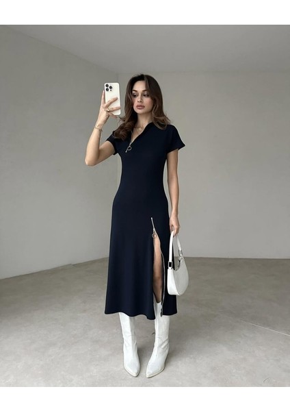 Mottisfashion Kadın Kısa Kollu Yakadan ve Etekten Fermuarlı Midi Viskon Iki Iplik Elbise indirimleri