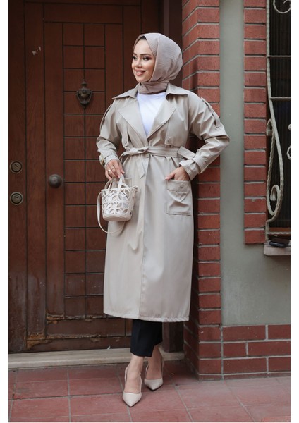 Kemerli Bej Tesettür Trençkot 10701BEJ fiyatları