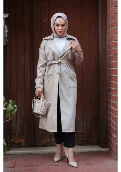 Kemerli Bej Tesettür Trençkot 10701BEJ modelleri