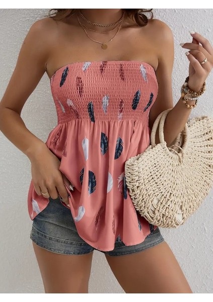 Mottisfashion Kadın Yaprak Desenli Göğsü Gipeli Mosskrep Straplez Bluz modelleri