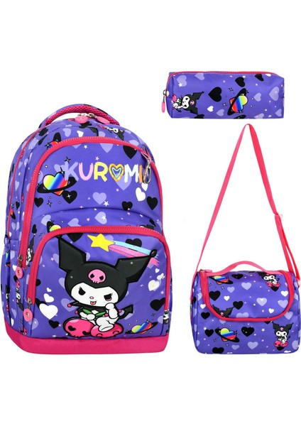 Kuromi 3 Parça Ilkokul Çantası Termos Özellikli Beslenme ve Kalemlik