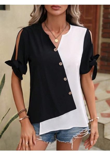 Mottisfashion Kadın Kısa Kollu Kollardan Bağlamalı Önden Asimetrik Kesim Çift Renk Detaylı Düğmeli Ithal Krep Bluz