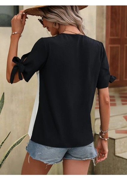 Mottisfashion Kadın Kısa Kollu Kollardan Bağlamalı Önden Asimetrik Kesim Çift Renk Detaylı Düğmeli Ithal Krep Bluz fiyatları