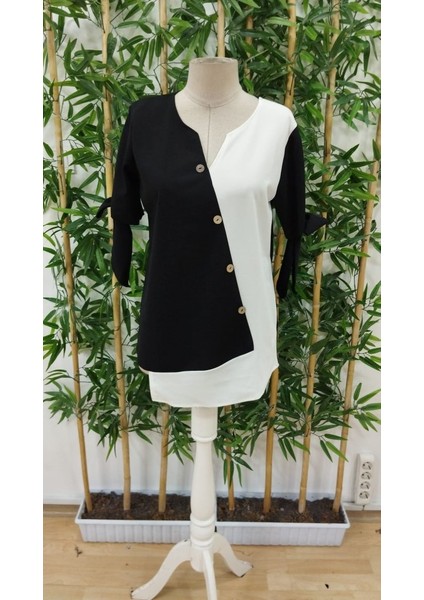 Mottisfashion Kadın Kısa Kollu Kollardan Bağlamalı Önden Asimetrik Kesim Çift Renk Detaylı Düğmeli Ithal Krep Bluz