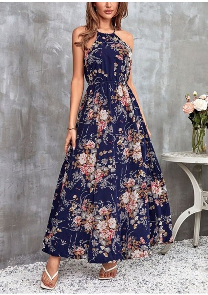 Mottisfashion Kadın Açık Omuz Halter Yaka Beli Lastikli Büzgü Detay Önden Yırtmaçlı Çiçek Desenli Süprem Elbise fiyatları