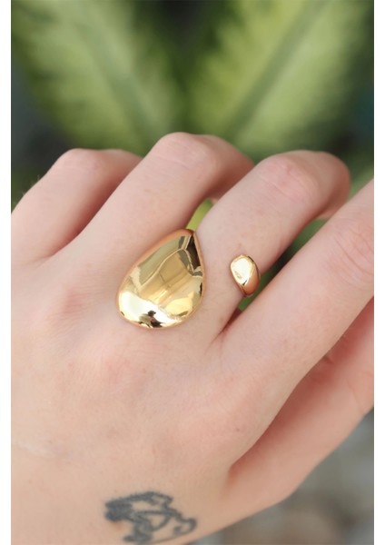 Pirinç Gold Renk Ayarlanabilir Iri Bombeli Yüzük