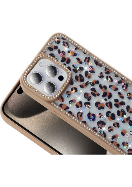 iPhone 15 Pro Max Kılıf Taşlı ve Simli Tasarım Klcr Azra Kapak - Gold