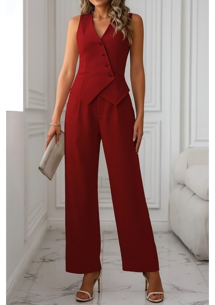Mottisfashion Kadın Sıfır Kollu Çapraz V Yakalı Önden Düğmeli Atlas Yelek ve Pantolon Ikili Takım