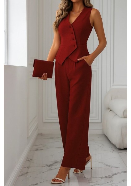 Mottisfashion Kadın Sıfır Kollu Çapraz V Yakalı Önden Düğmeli Atlas Yelek ve Pantolon Ikili Takım fiyatları