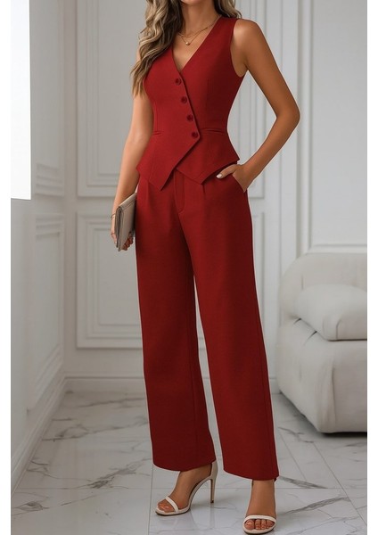 Mottisfashion Kadın Sıfır Kollu Çapraz V Yakalı Önden Düğmeli Atlas Yelek ve Pantolon Ikili Takım modelleri