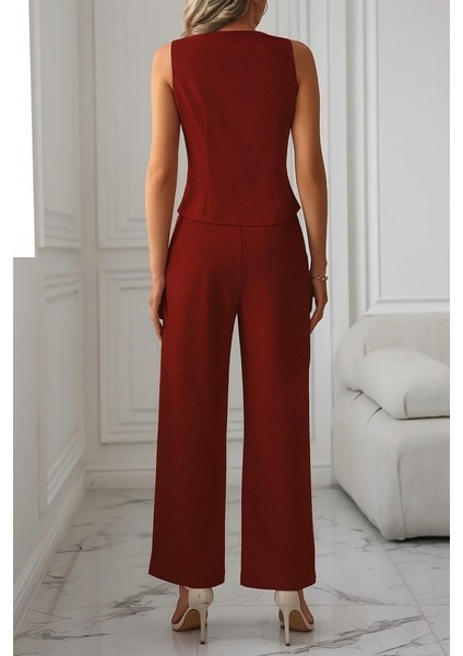 Mottisfashion Kadın Sıfır Kollu Çapraz V Yakalı Önden Düğmeli Atlas Yelek ve Pantolon Ikili Takım fırsatları