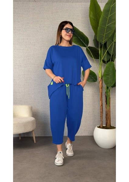 Mottisfashion Kadın Kısa Kollu Bisiklet Yaka Viskon Iki Iplik Bluz ve Pantolon Ikili Takım