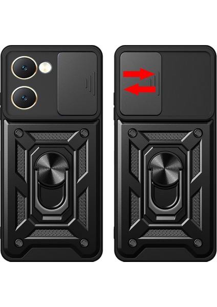 Vivo Y18 Kılıf Magnetik Standlı Kamera Korumalı Zore Sürgülü Vega Kapak - Mavi modelleri