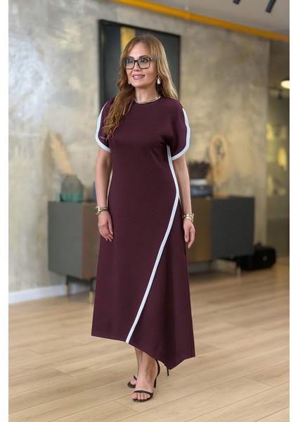 Mottisfashion Kadın Kısa Kollu Bisiklet Yaka Çift Şerit Renk Detaylı Asimetrik Kesim Viskon Iki Iplik Elbise modelleri