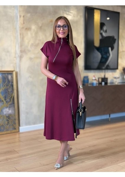Mottisfashion Kadın Kısa Kollu Yakadan ve Etekten Fermuarlı Midi Viskon Iki Iplik Elbise fırsatları