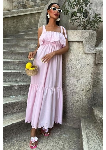 Mottisfashion Etek Ucu Brode Nakışlı Boyundan Bağlamalı Elbise 2881 modelleri
