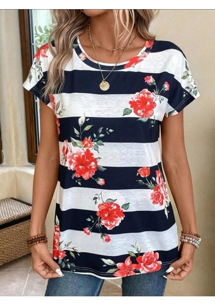 Mottisfashion Kadın Çiçek Desenli Yatay Şeritli Bisiklet Yaka Tişört modelleri