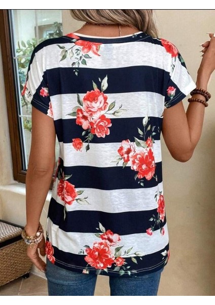 Mottisfashion Kadın Çiçek Desenli Yatay Şeritli Bisiklet Yaka Tişört fırsatları