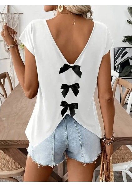 Mottisfashion Kadın Kısa Kollu V Yakalı Arkadan Kurdele Detaylı Viskon Bluz
