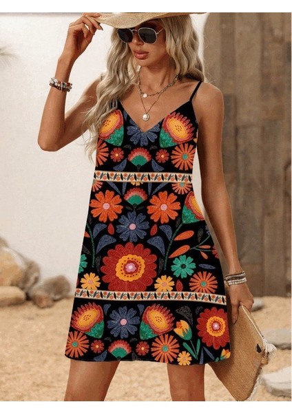 Mottisfashion Kadın Ip Askılı V Yakalı Süprem Elbise