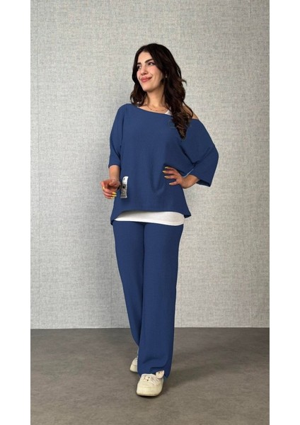 Mottisfashion Kadın Kısa Kollu Omuzlardan Açık Yarasa Kollu Bürümcük Bluz ve Pantolon ve Viskon Atlet