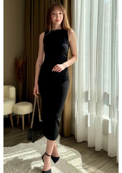 Mottisfashion Kadın Sıfır Kol Sıfır Yaka Drape Detaylı Midi Janjan Krep Elbise modelleri