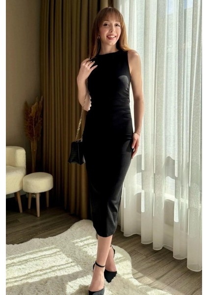 Mottisfashion Kadın Sıfır Kol Sıfır Yaka Drape Detaylı Midi Janjan Krep Elbise fırsatları