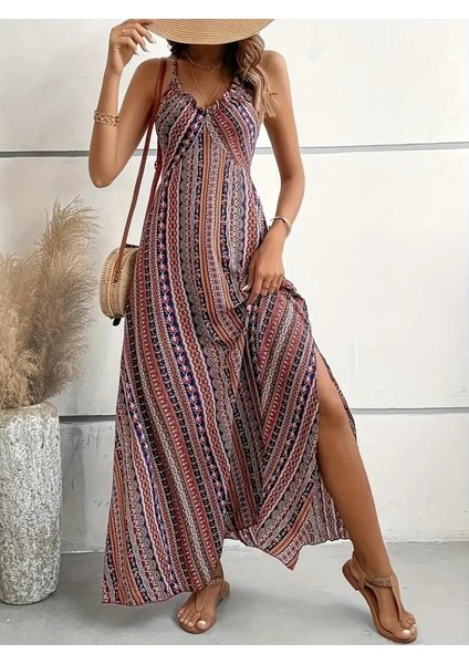 Mottisfashion Kadın Ip Askılı Sırttan Çapraz Detaylı Yırtmaçlı Desenli Süprem Elbise