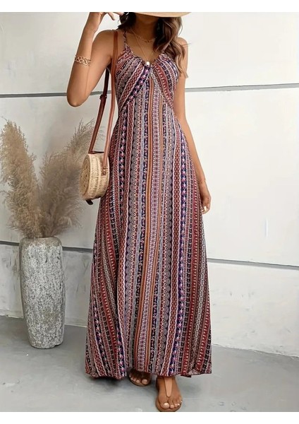 Mottisfashion Kadın Ip Askılı Sırttan Çapraz Detaylı Yırtmaçlı Desenli Süprem Elbise fiyatları