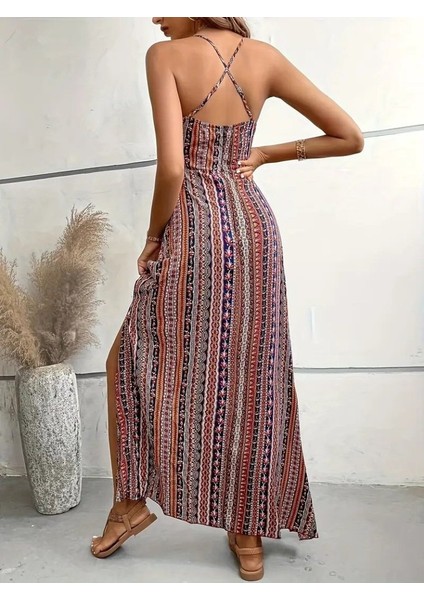 Mottisfashion Kadın Ip Askılı Sırttan Çapraz Detaylı Yırtmaçlı Desenli Süprem Elbise modelleri